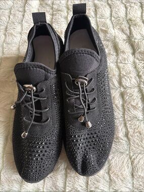 Black Knit studded slip-On womens Sneakers with Decorative Lacing
